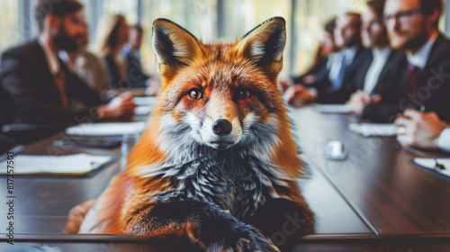 A fox is remarkably seated at a conference table amidst a business meeting in a modern office, surrounded by employees photo