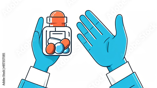 hands in medical gloves hold a jar of medicine