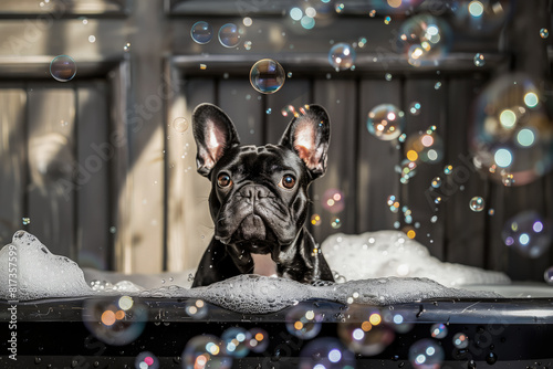 French Bulldog in bubble bath with floating soap bubbles. Generative AI image photo