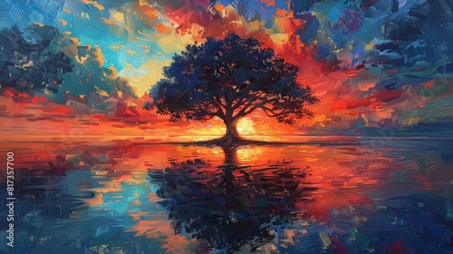 Emotional sunset over the Tree of Life, vivid and intense colors reflecting in the ocean, serene and inspiring