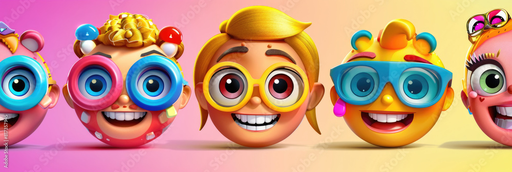 A group of 3d people with glasses are smiling happily against a pink backdrop A group of 3d people with glasses are smiling happily against a pink backdrop