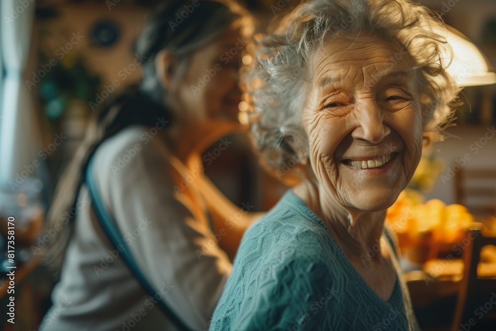 Happy elderly woman with a bright smile, another figure blurred in the background at home
