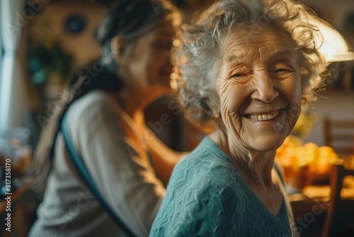Happy elderly woman with a bright smile, another figure blurred in the background at home