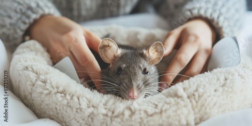 A domestic rat with curious eyes is comfortably nestled in a soft, plush blanket, indoors