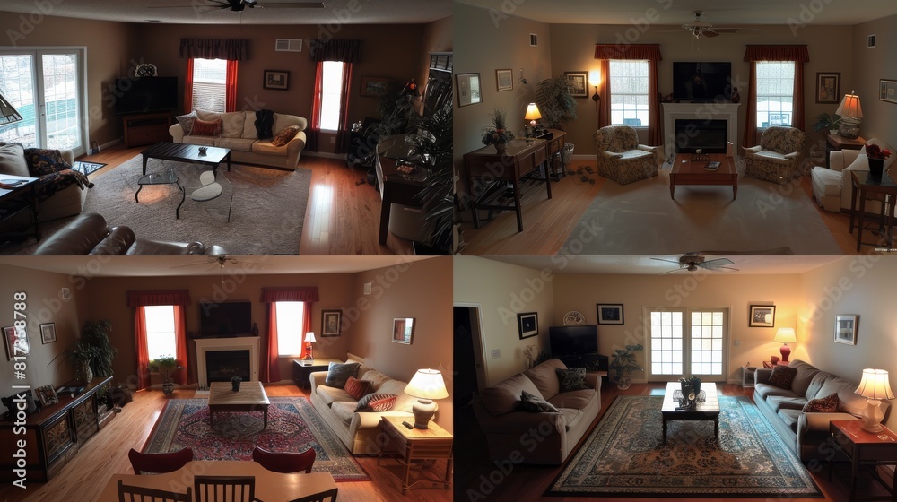 A composite image showing four perspectives of a homey living room at varying times of day