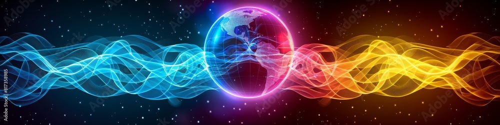 Vibrant Neon Energy Waves Surrounding a Glossy Sphere in a Seamless Blend of Blue, Pink, and Yellow Against a Dark Starry Background Vibrant Neon Energy Waves Surrounding a Glossy Sphere in a Seamless Blend of Blue, Pink, and Yellow Against a Dark Starry Background