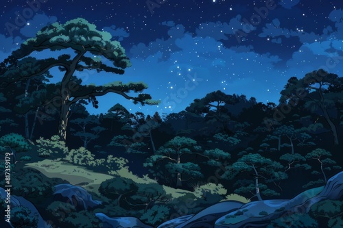 A night view of a forest is depicted in an illustration or drawing. A beautiful view of a forest with blue sky and scattered stars.
