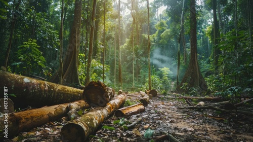 A forest with trees cut down and logs scattered on the ground, contrasted with a dense, thriving forest on the other side.