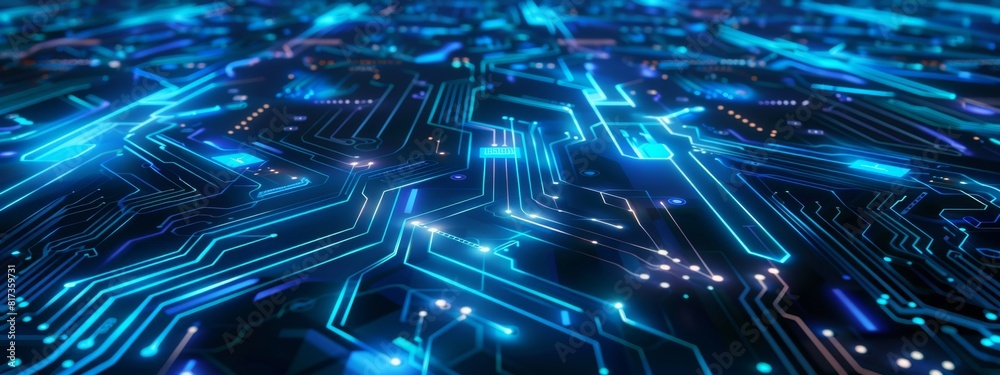 A futuristic, tech-inspired background with circuit board patterns in neon blue and black. A futuristic, tech-inspired background with circuit board patterns in neon blue and black.