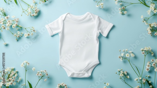Blank white cotton baby short sleeve bodysuit on pastel blue background with white flowers. Infant onesie mockup. Gender neutral newborn bodysuit template mock up. Top view © Mariana