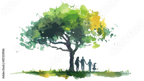 Familie Spazieren Baum Aquarell