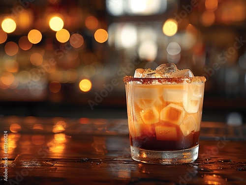 A horizontal image of a white russian cocktail in rocks glass in a bar