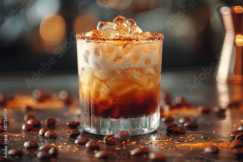 A horizontal image of a white russian cocktail in rocks glass in a bar