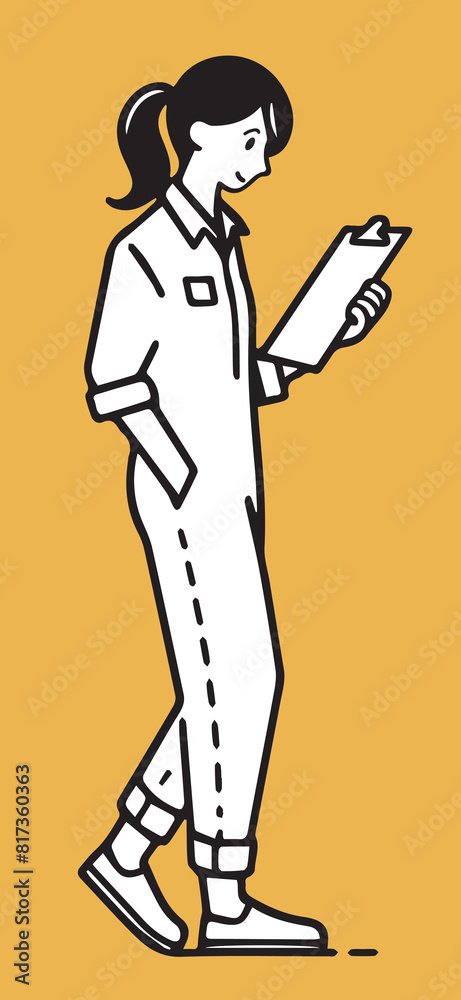 Fototapeta premium A woman in a professional outfit, holding a clipboard or notepad, observing, documenting, or analyzing something