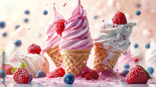 Realistic soft fruit ice cream cones with splash and berries. Sweet frozen creamy dessert illustration in 3d style