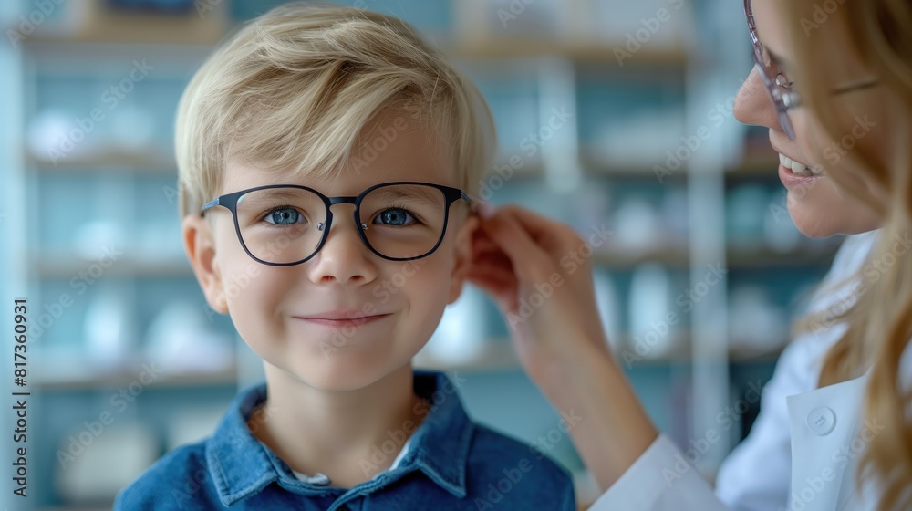 Cute little boy picking up glasses in ophthalmologist's office Cute little boy picking up glasses in ophthalmologist's office