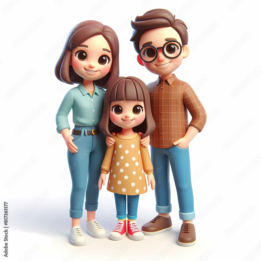 Happy 3D Cartoon Family of Three Posing Together Happy 3D Cartoon Family of Three Posing Together