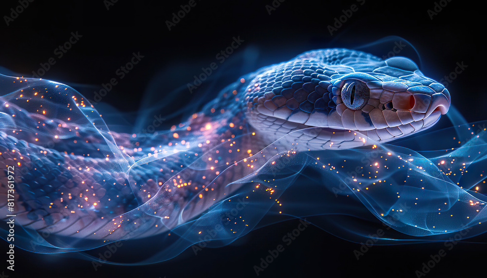 A snake with captivating eyes glides through a mystical blue mist. Generated by AI A snake with captivating eyes glides through a mystical blue mist. Generated by AI