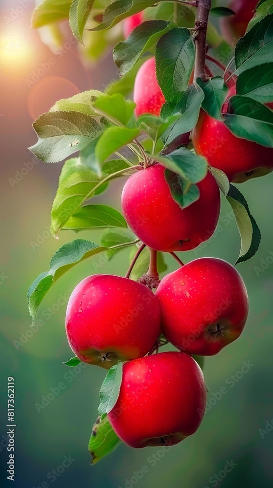 A tree with red apples hanging from it.