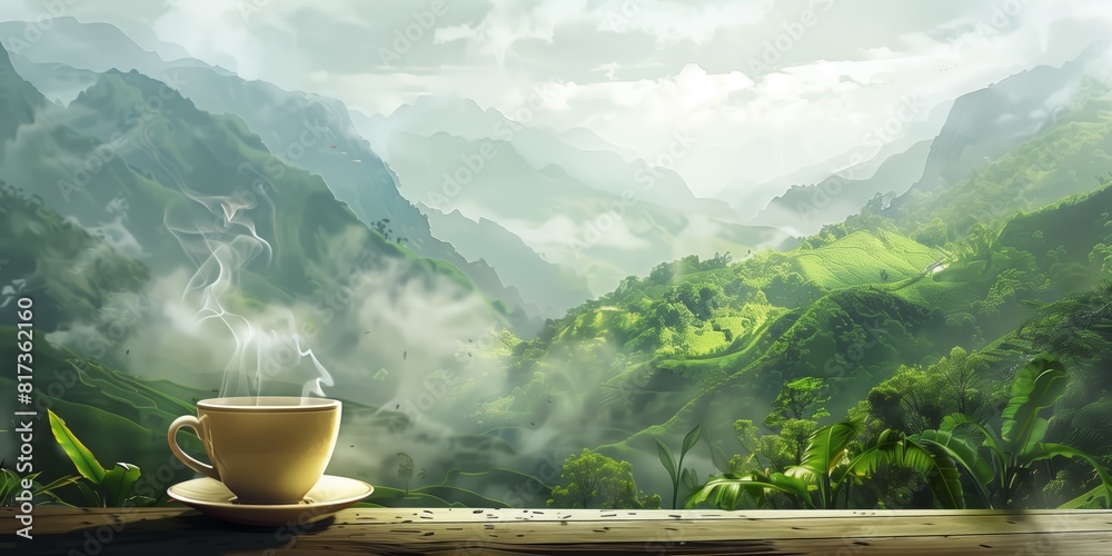 Inviting cup of steaming coffee amidst vibrant green leaves and scenic mountain backdrop, perfect for coffee and nature themes. Inviting cup of steaming coffee amidst vibrant green leaves and scenic mountain backdrop, perfect for coffee and nature themes.