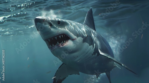 Large white shark. Ready to attack its prey. Aggressive when aiming at his target. Always ready to attack. This image is scary to think of the great white shark in all its greatness.