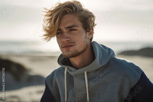 portrait of young man at beach on windy day © alisaaa