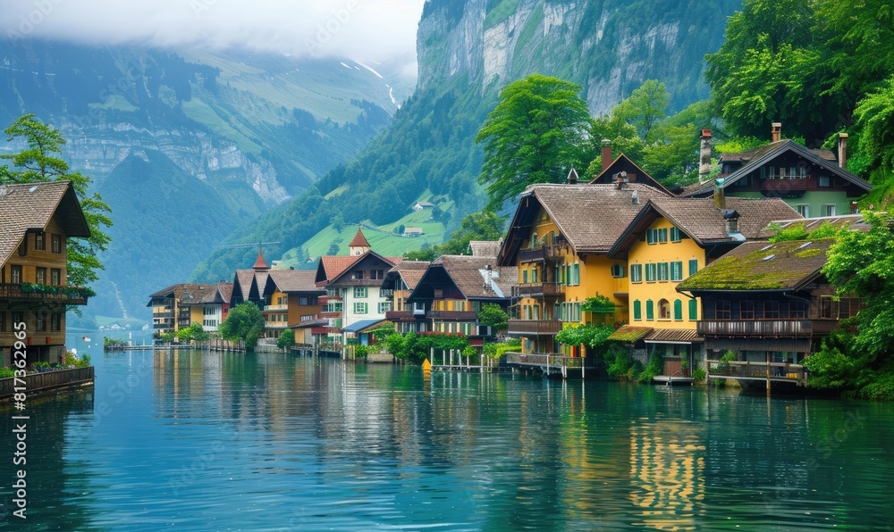 A scenic lake with houses at the sides