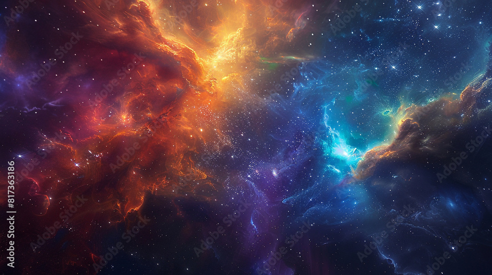 Fototapeta premium Vibrant Photo of a Nebula's Star-Studded Beauty Exploring the Celestial Splendor of Deep Space in Vivid Detail