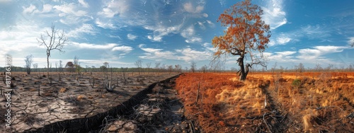 A landscape with soil erosion and no plants, and a landscape restored with native vegetation.