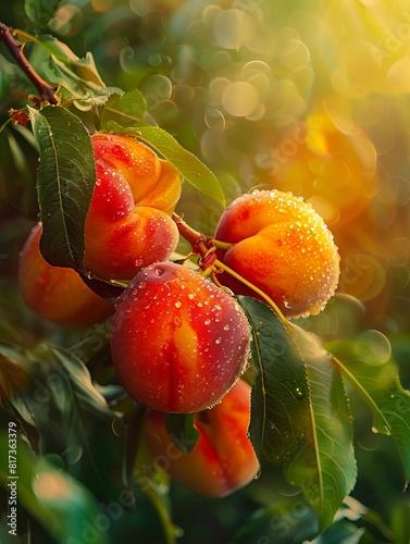 Peaches on a tree with water droplets on them.