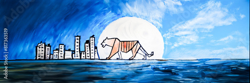 tiger moon and city silhouette minimal horizon skyline painting design - ideology launch photo