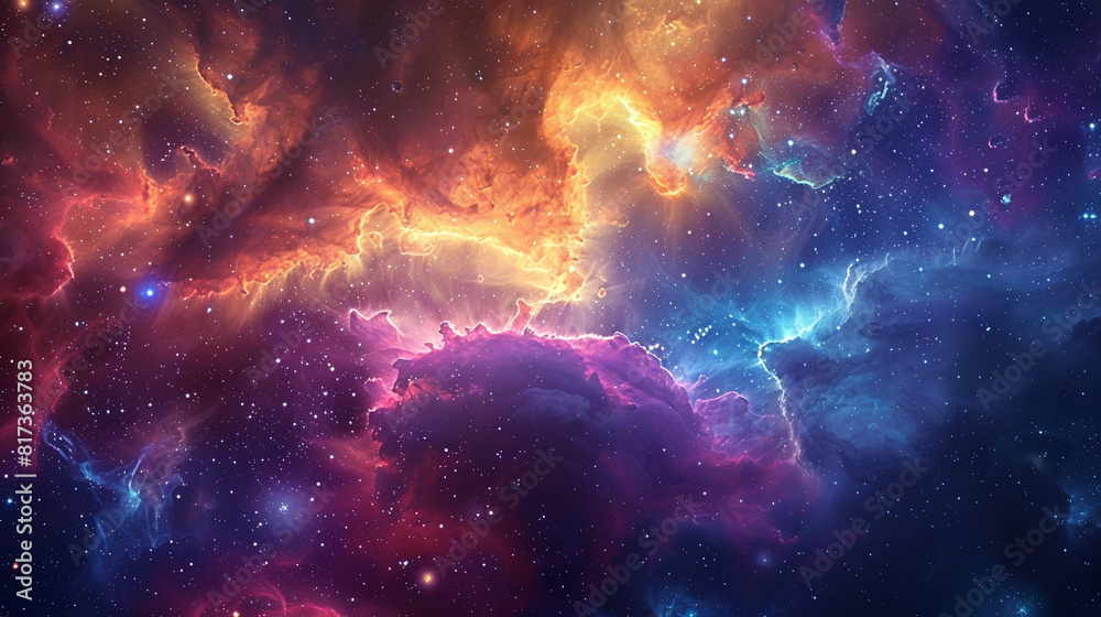 Naklejka premium Vibrant Photo of a Nebula's Star-Studded Beauty Exploring the Celestial Splendor of Deep Space in Vivid Detail