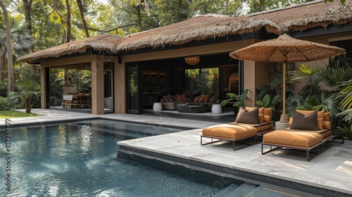 outdoor pool retreat, a backyard oasis with a cabana, comfy chairs, and a straw umbrella, perfect for relaxing by the pool photo