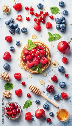 Homemade american pancakes with berries, honey on white background, copy space included