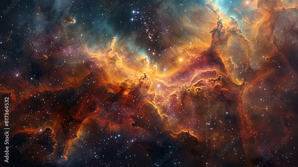 Fototapeta premium Vibrant Photo of a Nebula's Star-Studded Beauty Exploring the Celestial Splendor of Deep Space in Vivid Detail