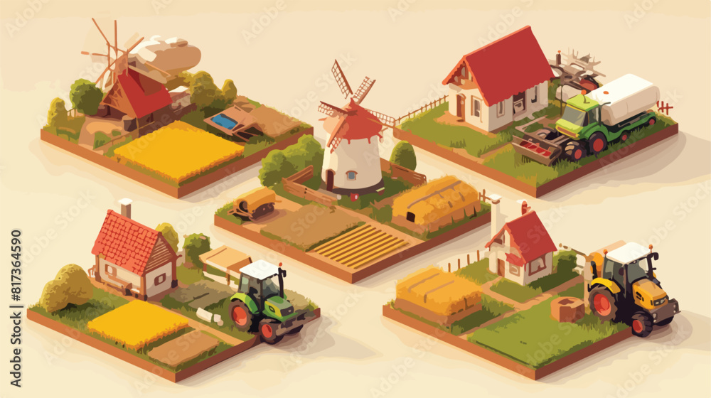 Vector 3d isometric rural farms set with tractor co