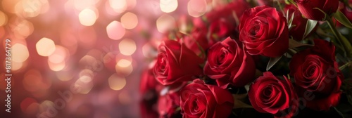Close-up of vibrant red roses with a soft  defocused bokeh light background  conveying romance or celebration