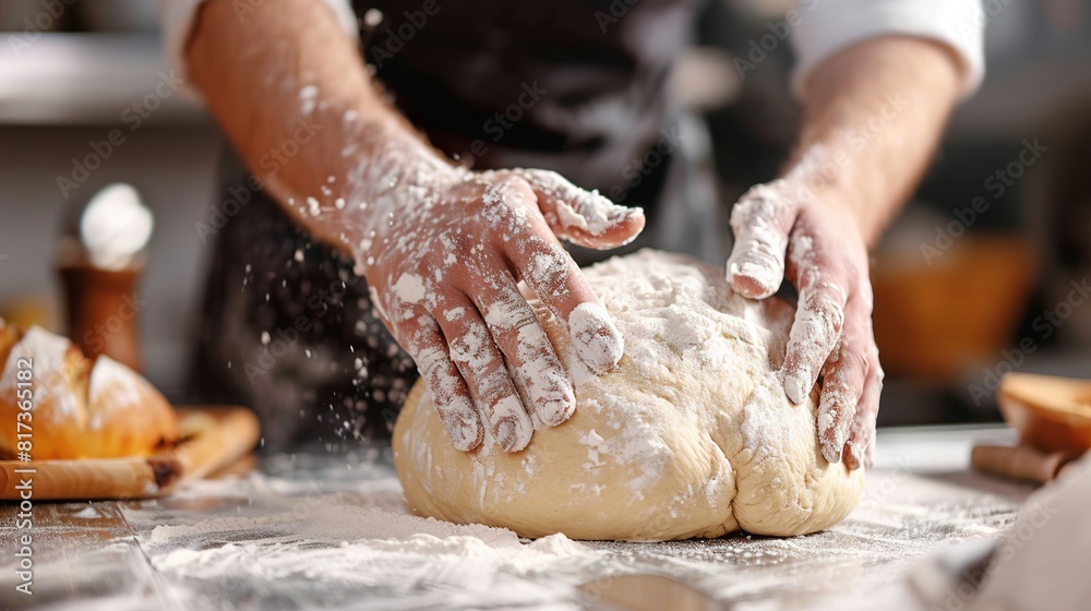 baker kneads dough on a floured surface, preparing it for baking fresh bread, 1/2 free space for text
