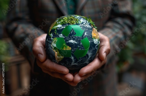 Businessman holding a virtual Earth globe promoting recycling and environmental responsibility