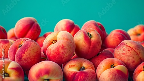 Peaches on a table with blue background. photo