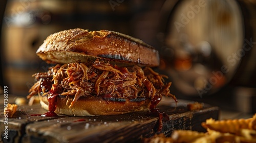 magazine quality commercial photo of a mouth-watering pulled pork sandwich in Texas Toast bread. A dark blurry background with whiskey barrels.