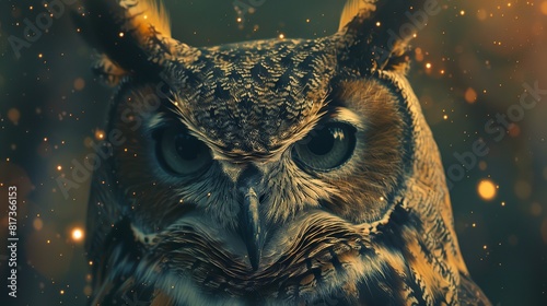 Mystical Celestial Owl looking at camera, An owl with starry feathers representing wisdom and curiosity
