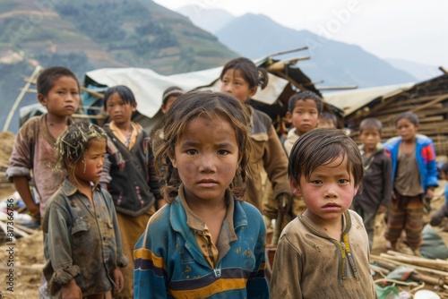 Unidentified Hmong children in the village of Sapa. Hmong people suffer of poverty due to the bad economy photo