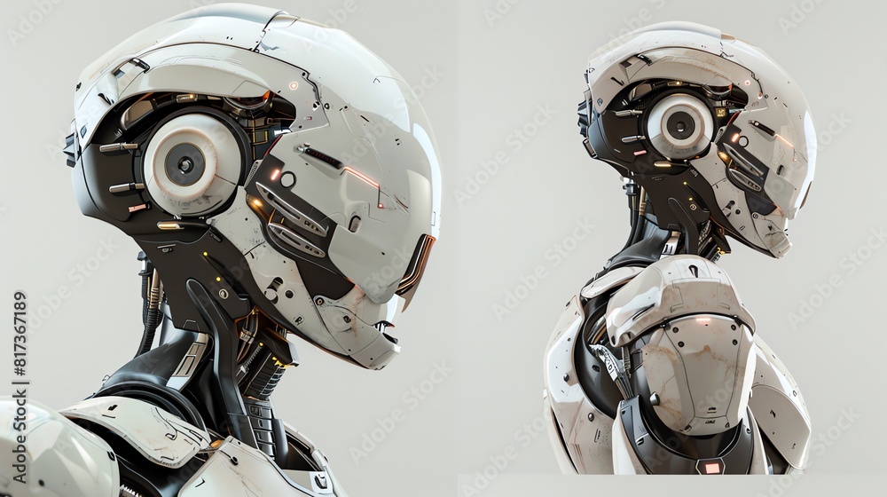 close-up of a modern sophisticated human-shaped robot close-up of a modern sophisticated human-shaped robot