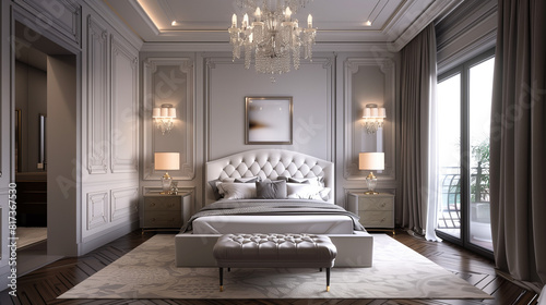Modern Bedroom With Chandelier and White Walls