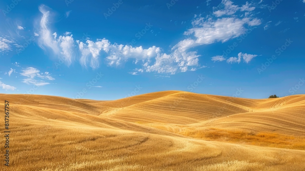 Rolling hillsides covered in golden wheat fields, where the crops sway in the breeze like waves on the ocean under the vast blue sky.