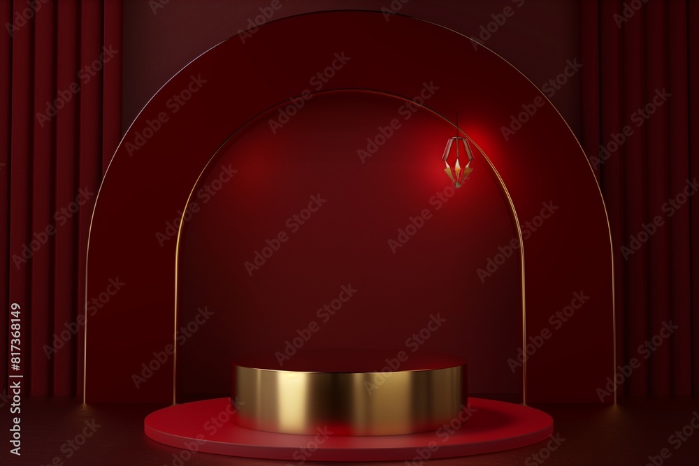 Realistic dark red and gold 3D cylinder pedestal podium with red arch shape backdrop. Minimal scene for products showcase, Promotion display. Abstract studio room platform. Happy lantern day concept. Realistic dark red and gold 3D cylinder pedestal podium with red arch shape backdrop. Minimal scene for products showcase, Promotion display. Abstract studio room platform. Happy lantern day concept.