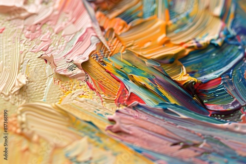 The oil paint on the canvas is written by a palette knife. Closeup of a painting by oil and palette knife on canvas photo