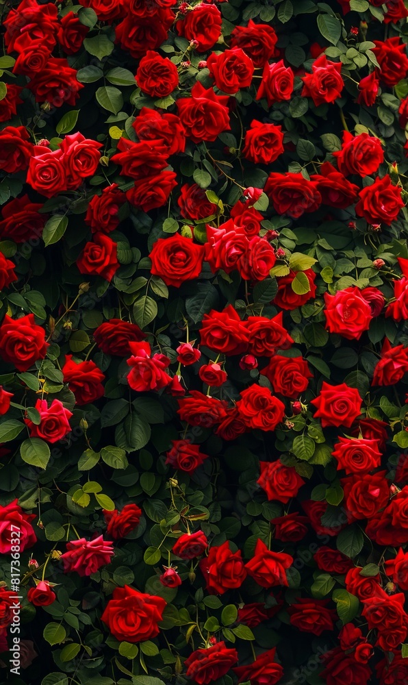 A wall of red roses with green leaves.