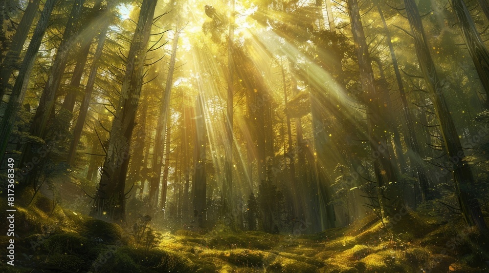 Sunbeams filtering through the branches of a dense forest, casting a golden glow on the moss-covered ground below.